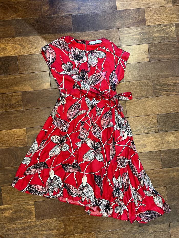 Robe asymétrique longue rouge fleuri noeud max mara taille S/36 - photo numéro 6