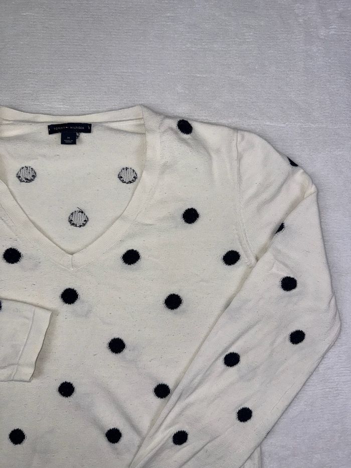 Pull / Sweat Tommy Hilfiger femme taille M col V manches longues blanc à pois noir 100% coton #02325 - photo numéro 3