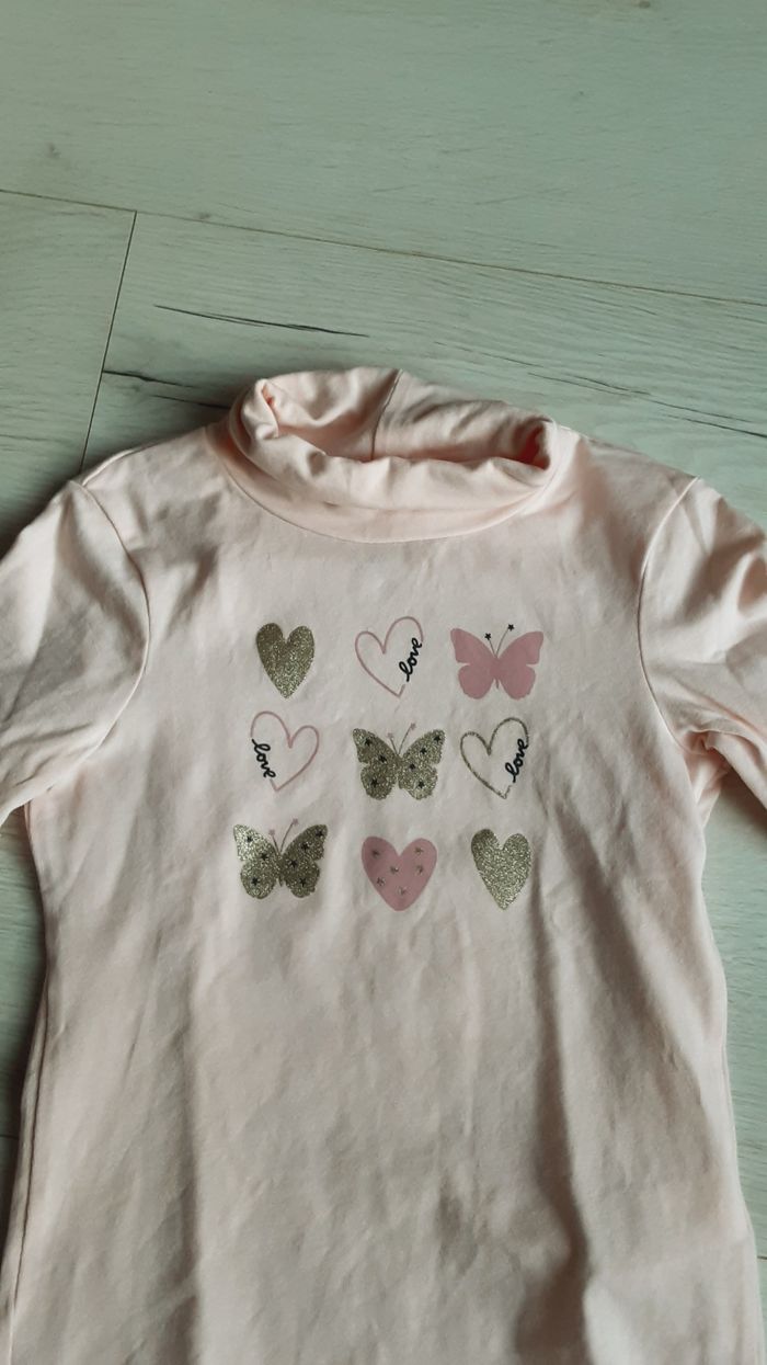 Vêtement fille tee-shirt manches longues sous-pull rose motifs cœur et papillon Orchestra 4 ans - photo numéro 2