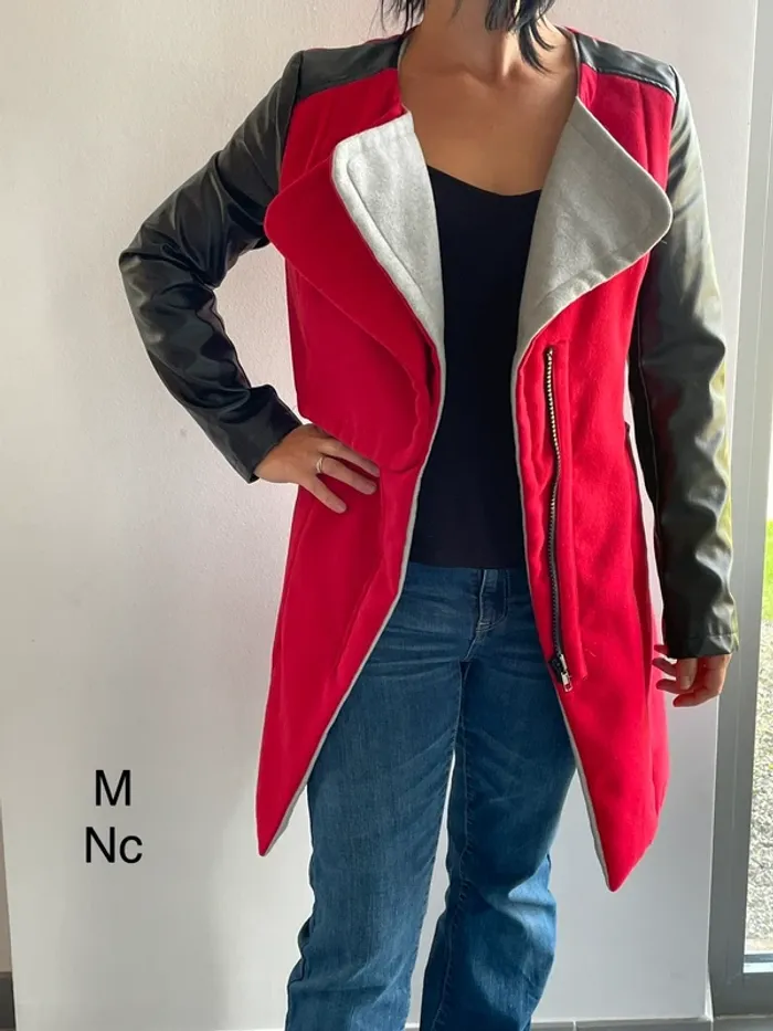 Trench veste bi matière rouge et noir mi saison