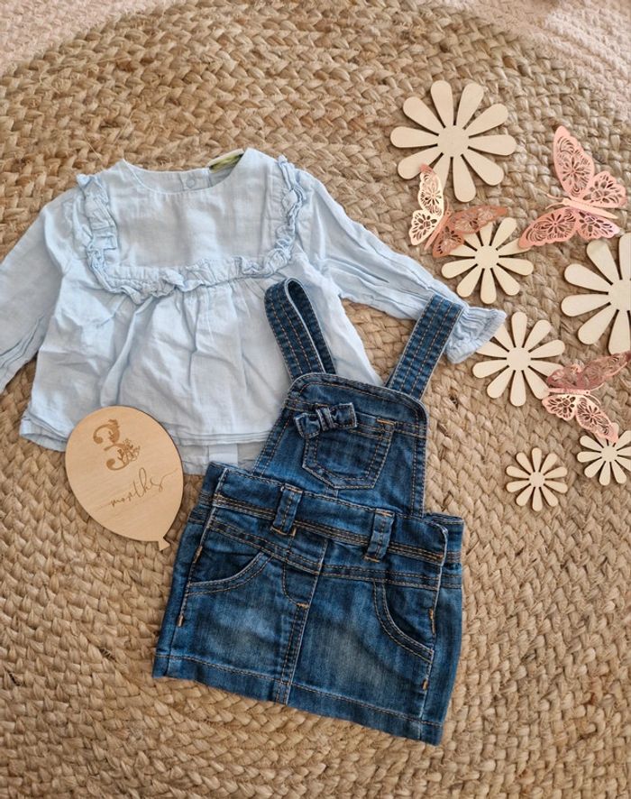 Ensemble chemise bleu et robe en jean TAO bébé fille 3 mois