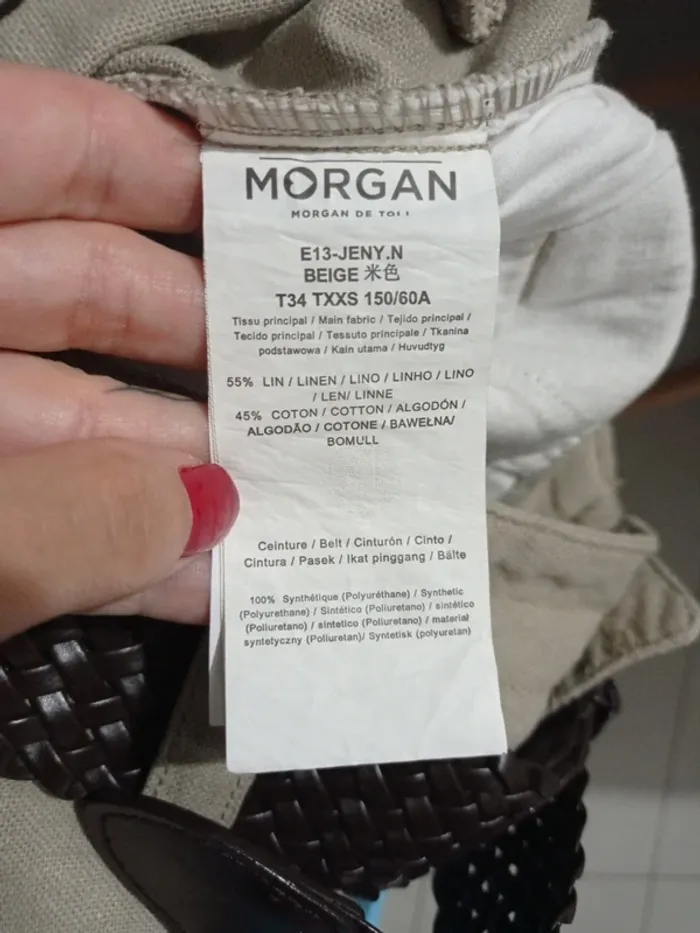 Magnifique jupe en lin et coton beige taupe avec ceinture tressée marron chocolat T.34 Morgan - photo numéro 5
