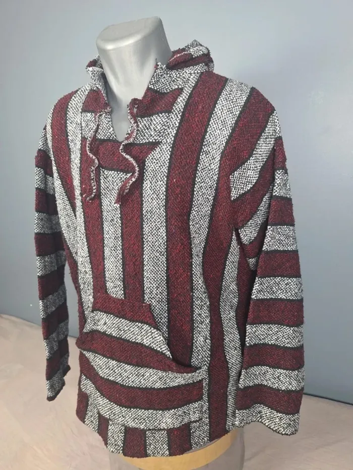 sweat a capuche / Hoodie/baja/poncho mexicain - taille L - homme - rouge , gris / fait main (645) - photo numéro 3