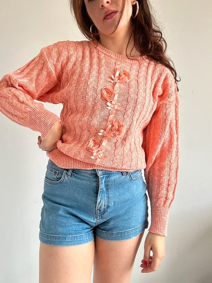 Pull vintage années 80 brodé à rubans taille S - photo numéro 6