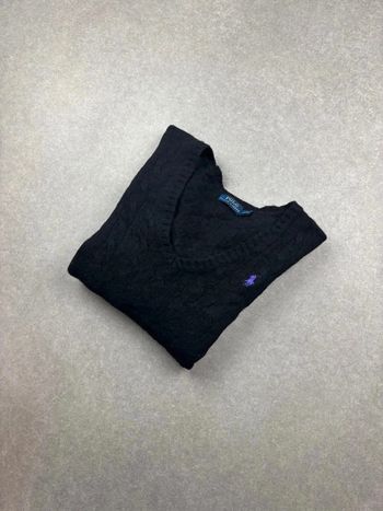 Pull d’hiver torsadé en laine et cachemire Ralph Lauren noir logo violet col V taille S femme