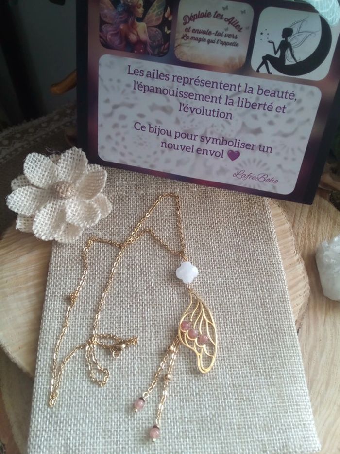 Collier ailes de papillon avec pierre de quartz et pierre du soleil - photo numéro 3
