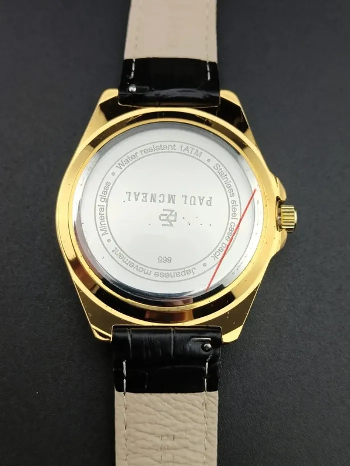 Montre noire quartz japonais, plaqué or, cuir - photo numéro 7