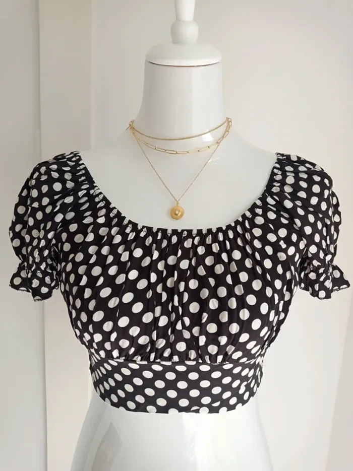 Haut court crop top noir à pois blanc T.M Cloothes
