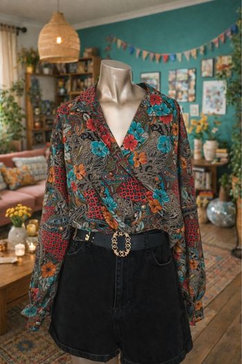 Veste / chemisier vintage fleuri – Taille 52 – Fabriqué en France – Motif bohème – Années 90