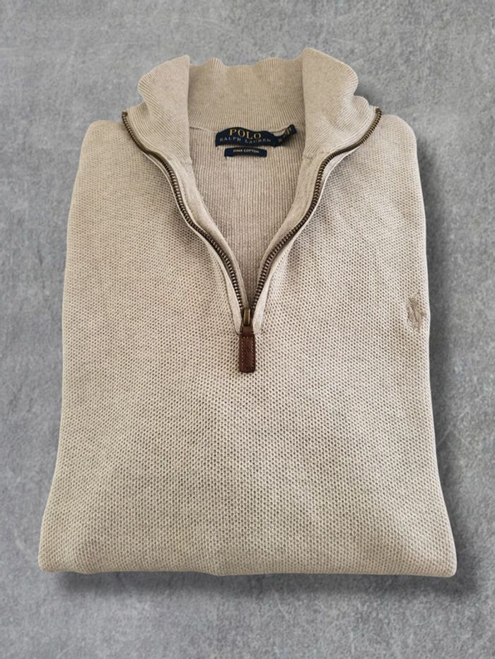 Pull quart zip Ralph Lauren gris pima cotton logo brodé gris 100% coton - XL - photo numéro 2