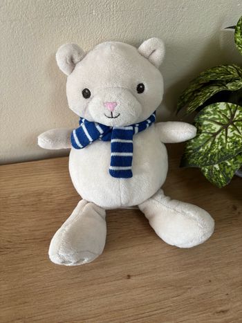 Doudou peluche ours blanc crème écharpe bleu h&m