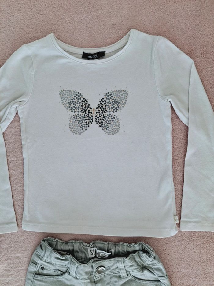 Ensemble Okaïdi 3 ans : jean slim gris clair et t-shirt manches longues  blanc motif papillon - photo numéro 2