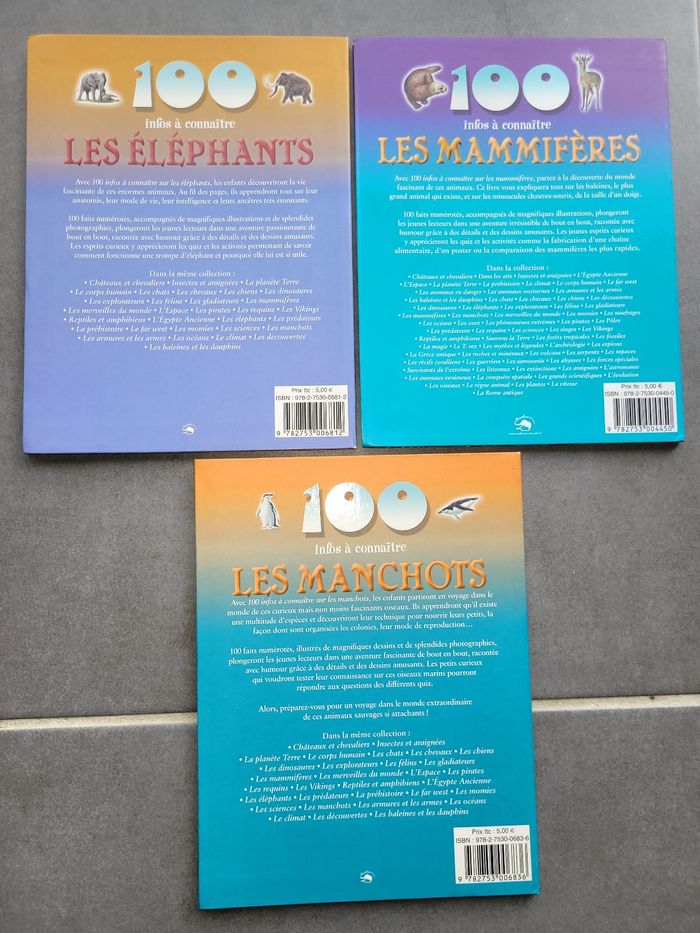 Lot de 3 livres 100 infos à connaître les mammifères les manchots les éléphants piccolia très bon état - photo numéro 2