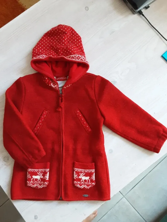 Manteau laine vierges rouge renne T. 4 ans