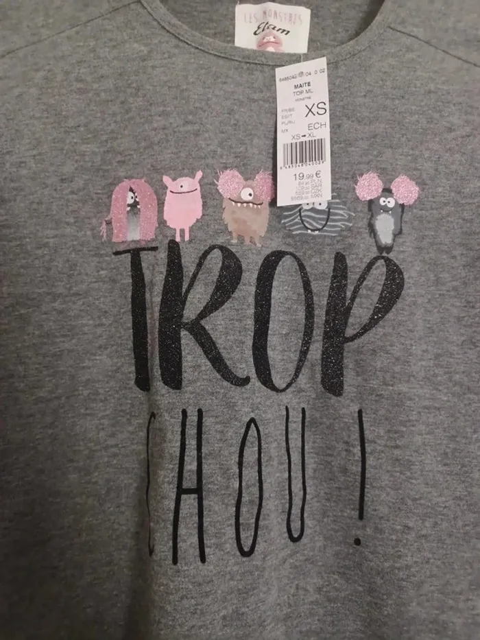Haut de pyjama ETAM Gris avec inscription " Trop chou !" Taille XS Neuf avec étiquette - photo numéro 7