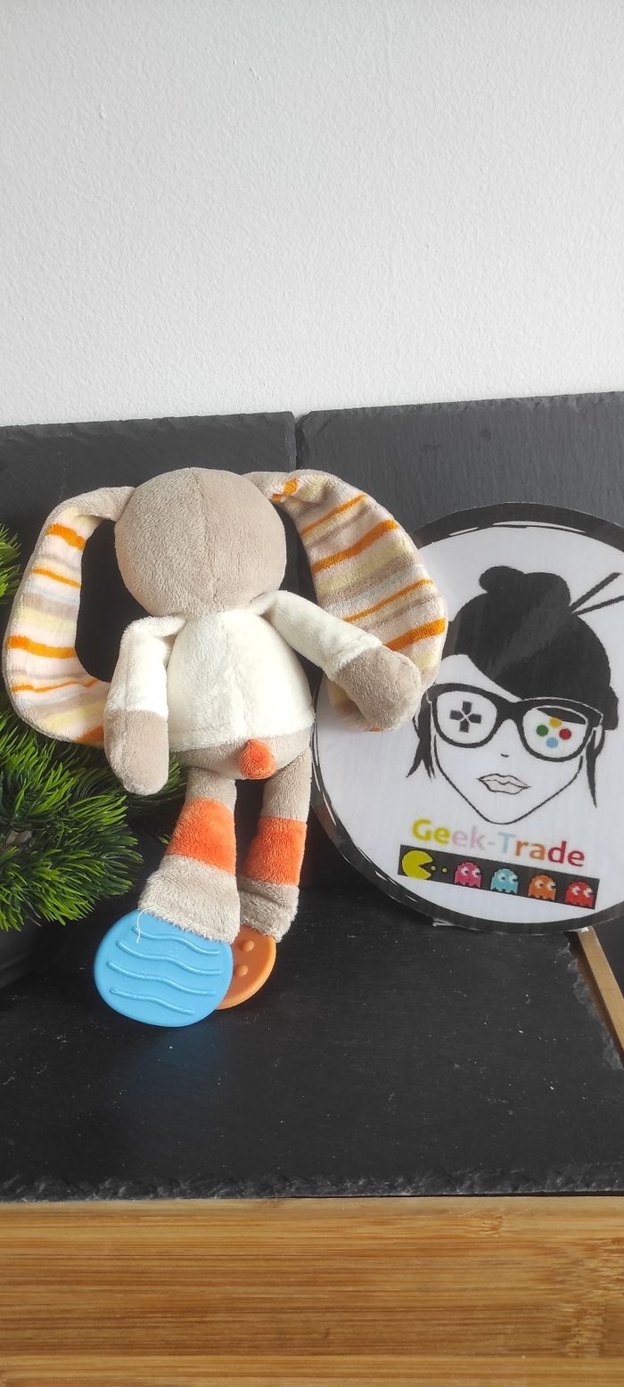 Doudou lapin Tex baby chien cocard bleu dentition orange pull blanc Rayé Peluche - photo numéro 2