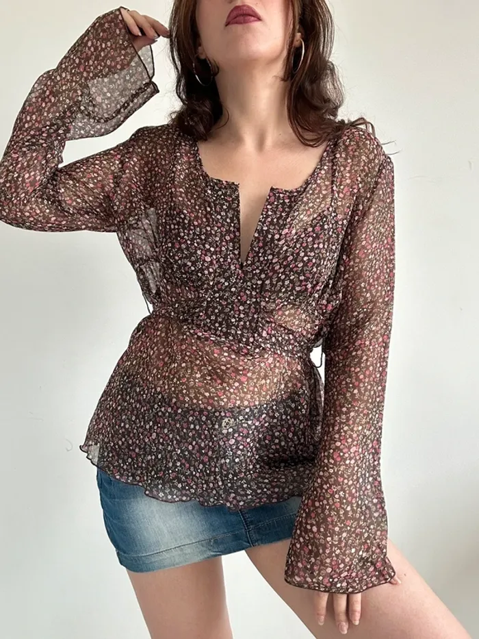 Blouse transparente marron à fleurs taille L - photo numéro 2