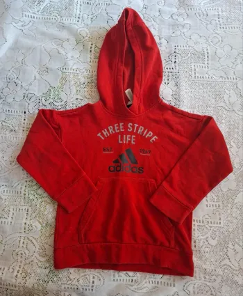 Sweat à capuche Adidas rouge, garçon 5-6ans (116cm) - Three Stripe Life