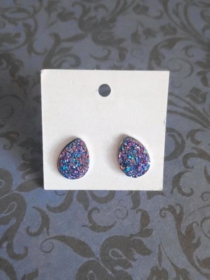 Boucles puces d'oreilles goutte strass rose bleu inox 🇨🇵 Fabrication Artisanale - Ø 12mm