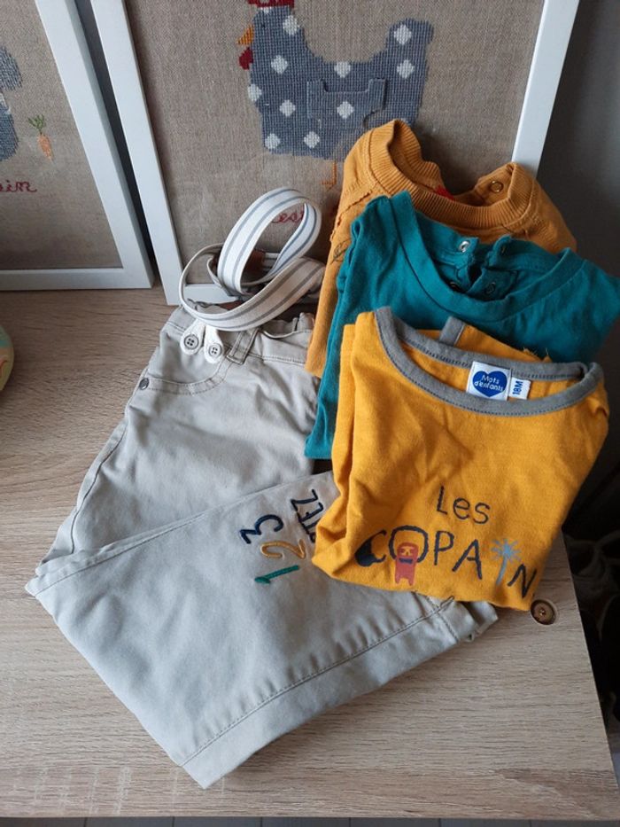 Pantalon à bretelles+ 3 hauts garçon 18 mois