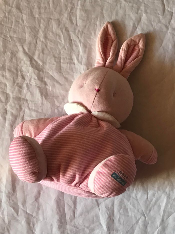 Petit Lapin Rose Doudou Lignes Horizontales Roses Blanches Peluche Petits Enfants Bébés - photo numéro 4