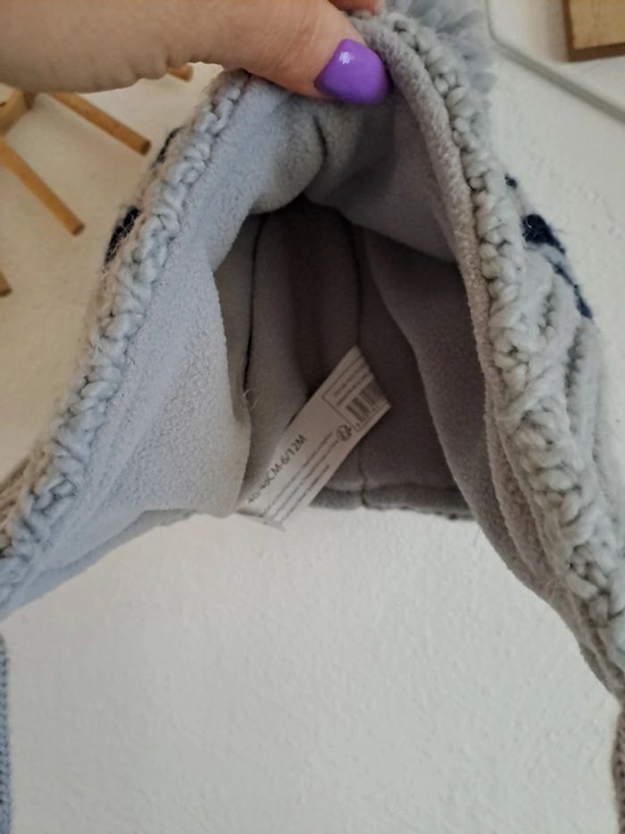 Bonnet rayé gris bleu marine 6/12 mois 46/48 cm pompon - photo numéro 4