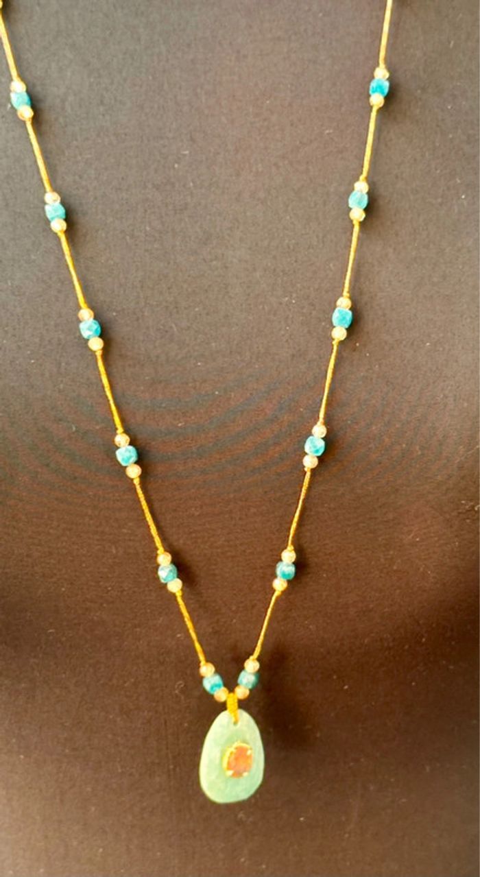Sautoir fils tissés mordoré ´s psy’ed naturelle pendentif jade vert rose Habaha Paris - photo numéro 4