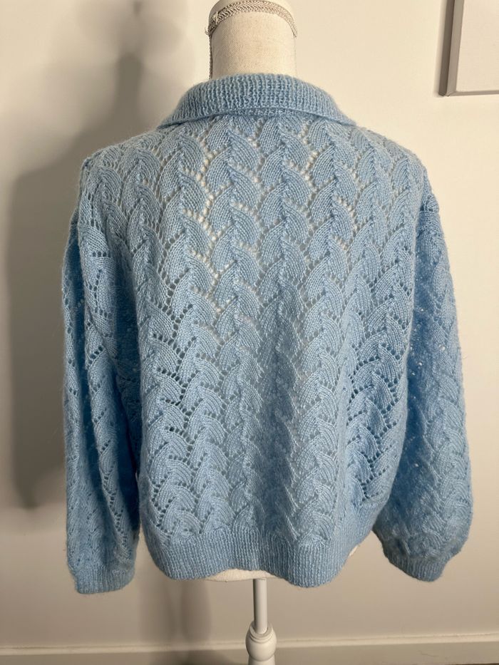 Cardigan en crochet tricot maille ajourée bleu ciel Vintage T42 XL - photo numéro 7