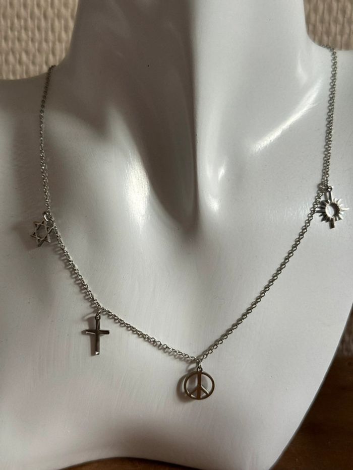 Collier réglable acier inoxydable argent breloques religions soleil croix étoile - photo numéro 2