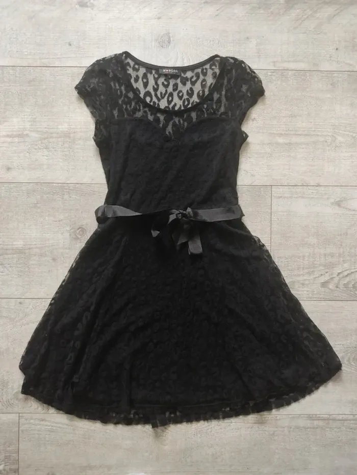 Robe mi-longue cocktail manches courtes noire motif léopard taille S Morgan - photo numéro 5