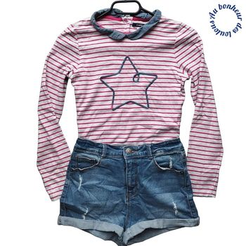 12-14 ans ensemble teeshirt ( 14 ans mais taille plutôt Petit) et short en jean slim (12 ans )
