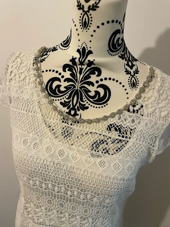 T-shirt blanc manches courtes à dentelle doublé débardeur superposé strass col rond Morgan taille 38 - photo numéro 4