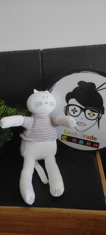 doudou chat blanc petit bateau t-shirt rayé rayure marron peluche Gris Pantin