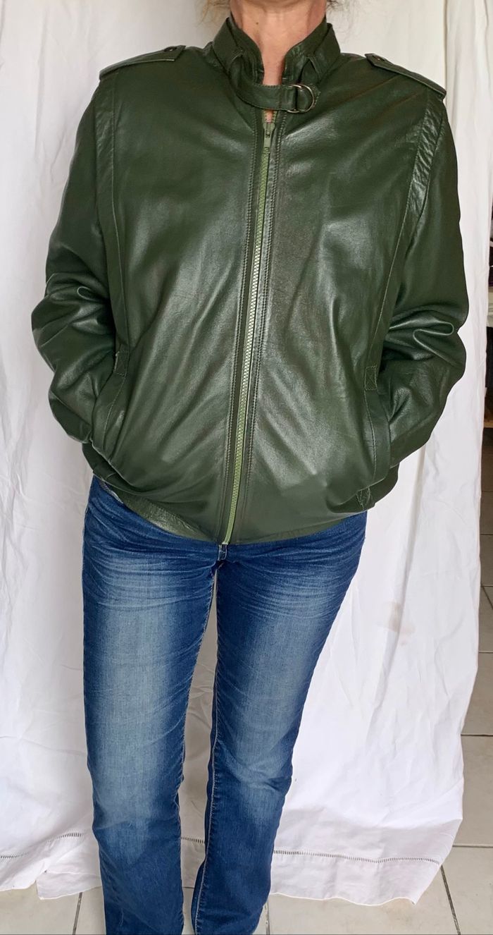 Veste vintage en cuir vert - photo numéro 2