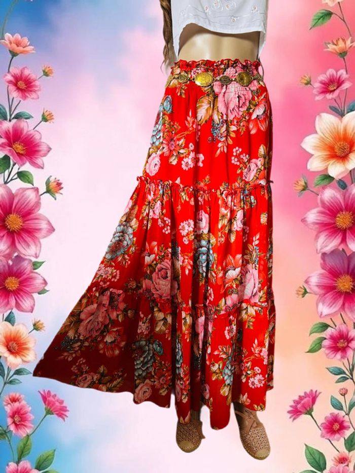 🌺 Longue jupe bohème fleurie hippie ROXY vintage 90s 00s gypsy long floral skirt🌺 - photo numéro 2