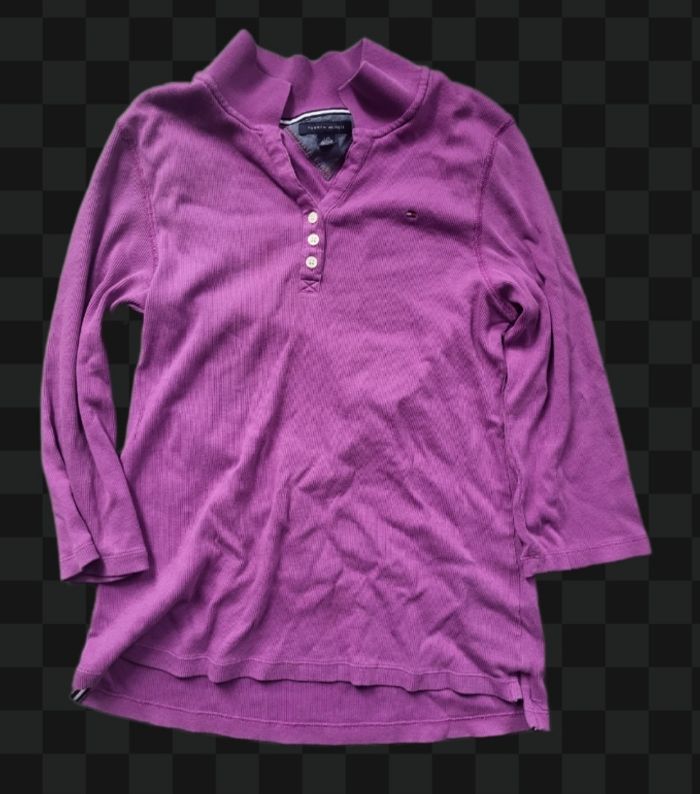 💜 Pull fin Henley côtelé Tommy Hilfiger – Femme – Violet – Manches 3/4 - photo numéro 2