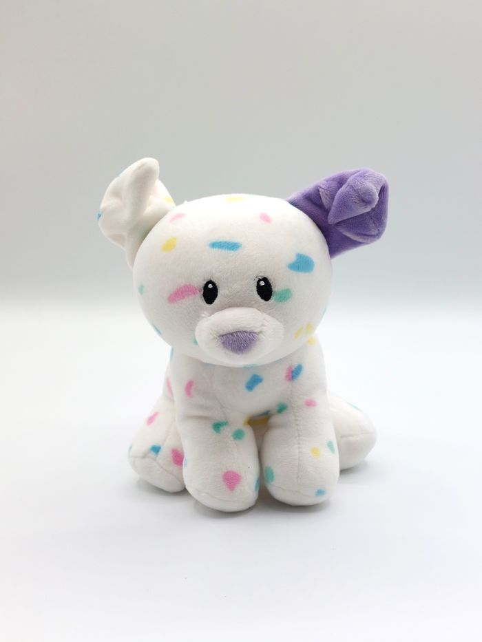 Peluche douce doudou chien TY blanc mauve violet confettis multicolores 16 cm