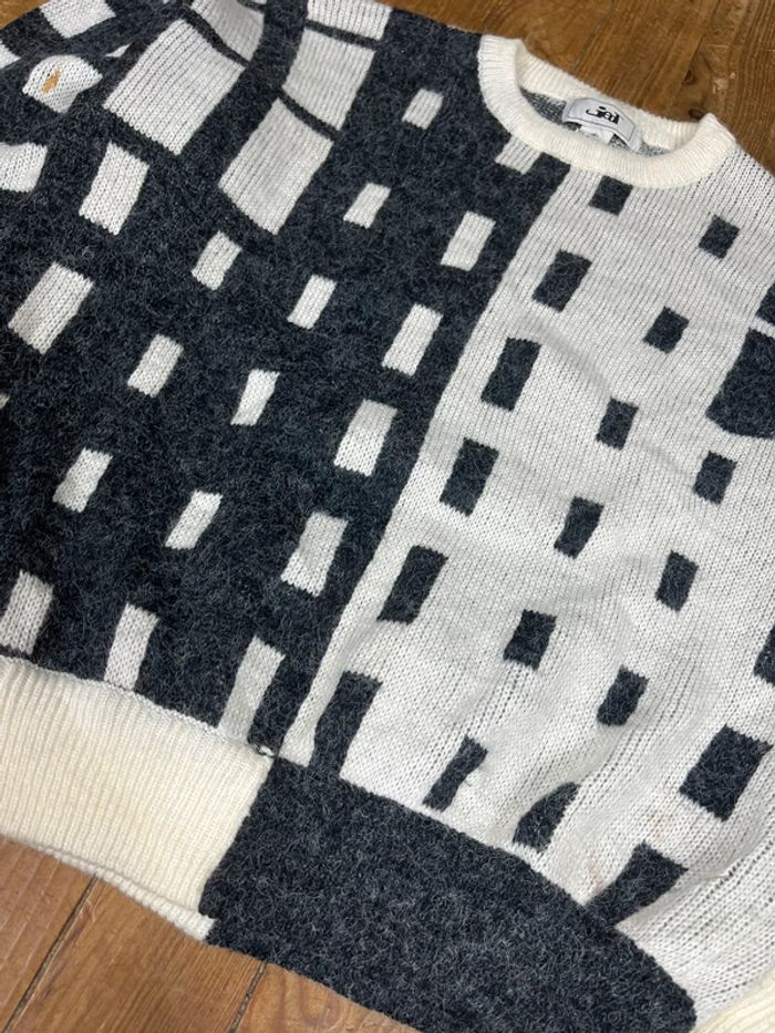 Pull maille vintage motifs gris-noir blanc M - photo numéro 3