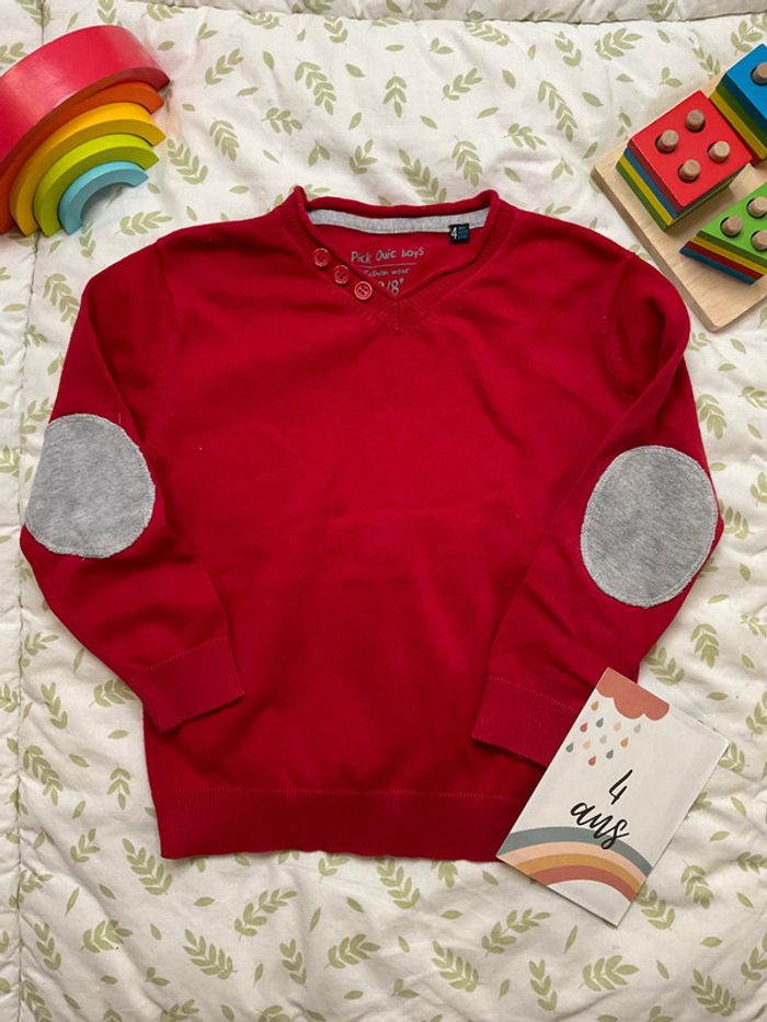 pull léger col V rouge et gris 4 ans pick ouic - photo numéro 2