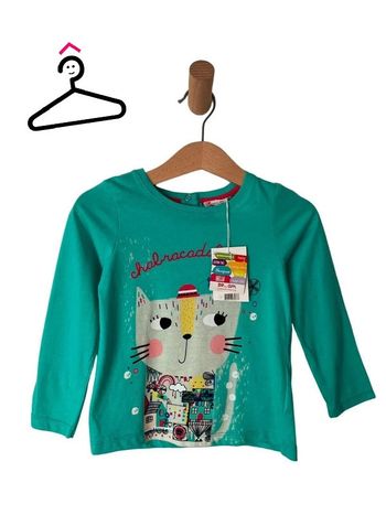 (NEUF) T-shirt manches longues vert d’eau motif chat - DPAM 24 mois (86cm)