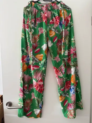 Pantalon Fluide Imprimé Tropical Vert - Jambe Large - Été taille S/M
