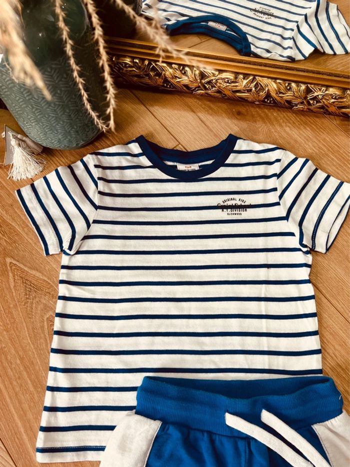 Taille 3 ans ensemble été 2 pièces garçon TAO blanc bleu * rayures * 💙 - photo numéro 2