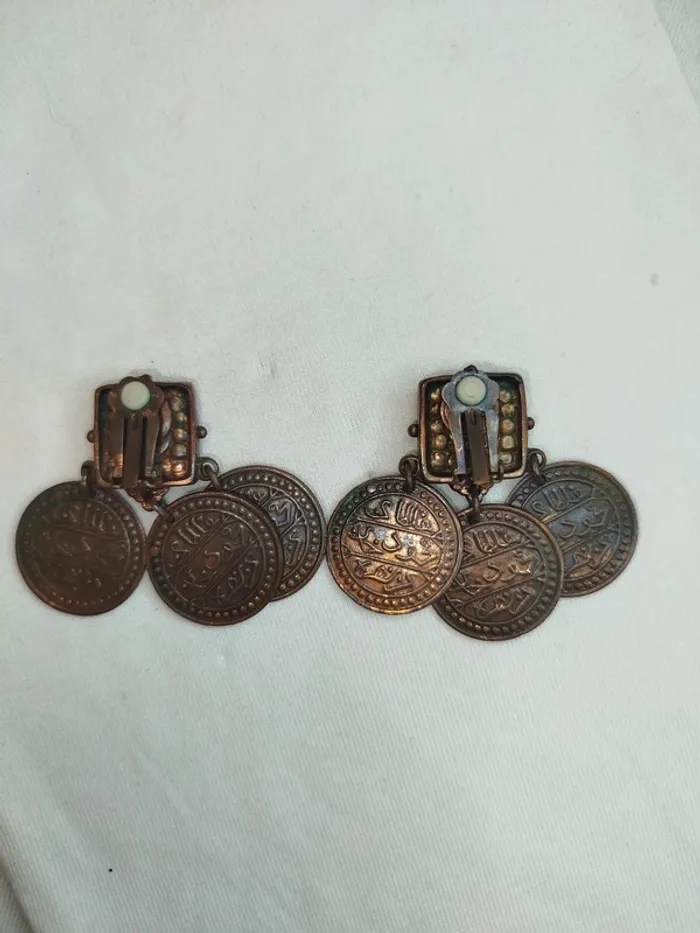 Boucle d'oreille Gas - pièce pampilles monnaies - Bronze, rouge et orange, - photo numéro 2