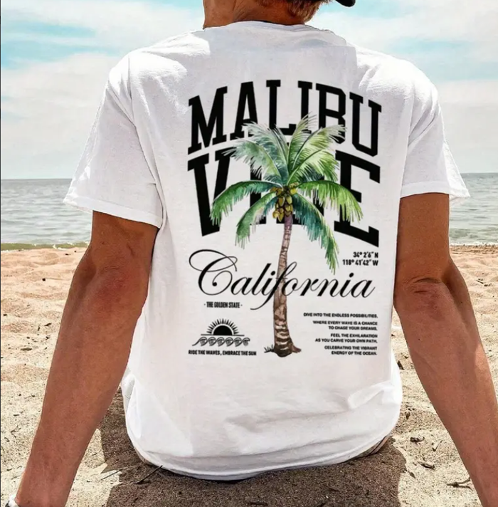 Neuf 3 T-shirts Homme Taille M "MALIBU California" Motif de Palmier et coucher de soleil - photo numéro 5