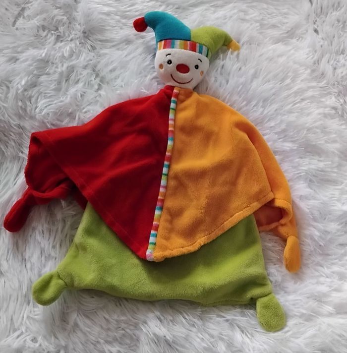 Doudou plat arlequin grelots- orange , rouge et vert - Milette