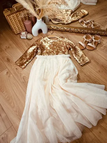 Taille 8 ans Robe longue créateur fille TAO crème bronze * sequins tulle * 💞