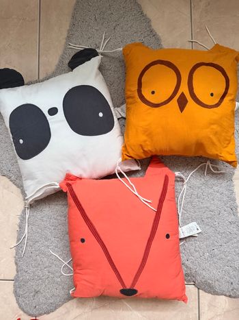 Lot de 3 coussins enfants animaux – Panda, Renard et Hibou – Déco chambre bébé