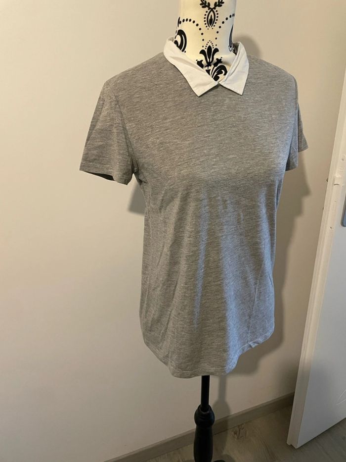 T-shirt à manches courtes gris extensible col chemise blanc taille 40 - photo numéro 2