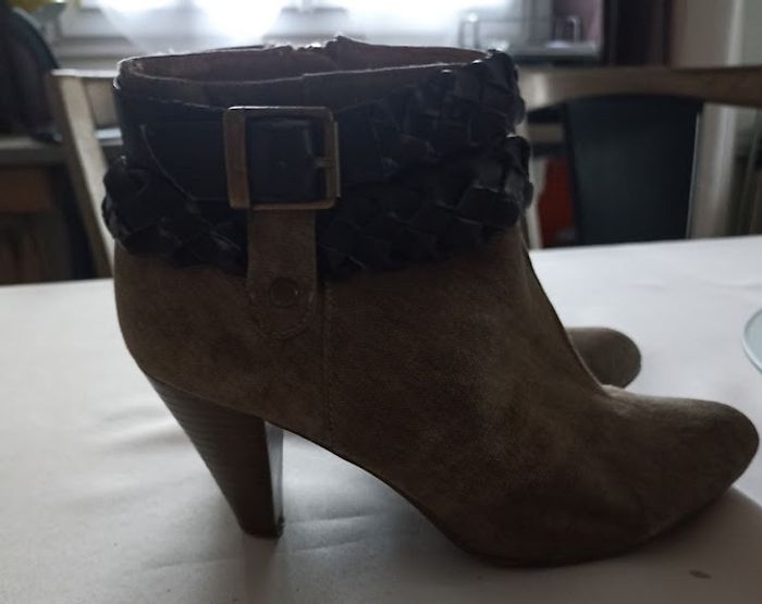 Bottines Tissu Beige & Tressage Cuir Marron - Talon Stable - T.36 - photo numéro 3