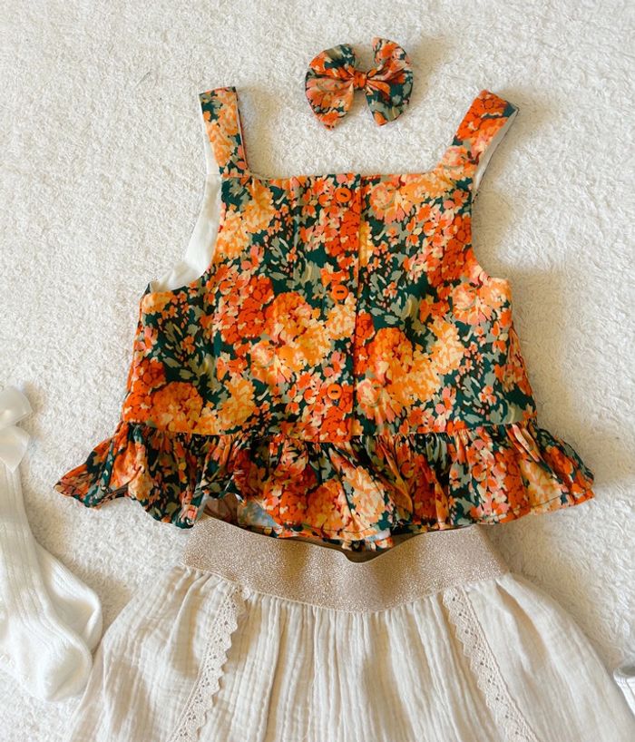 blouse crop top créatrice imprimé fleuri+ noeud 7 ans - photo numéro 3